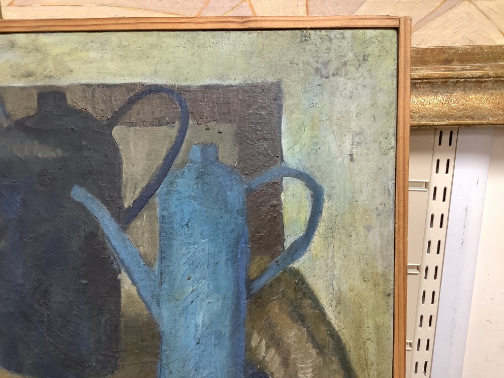 Continental School, oil on canvas, Still life with guitar and lantern, 86 x 86cm